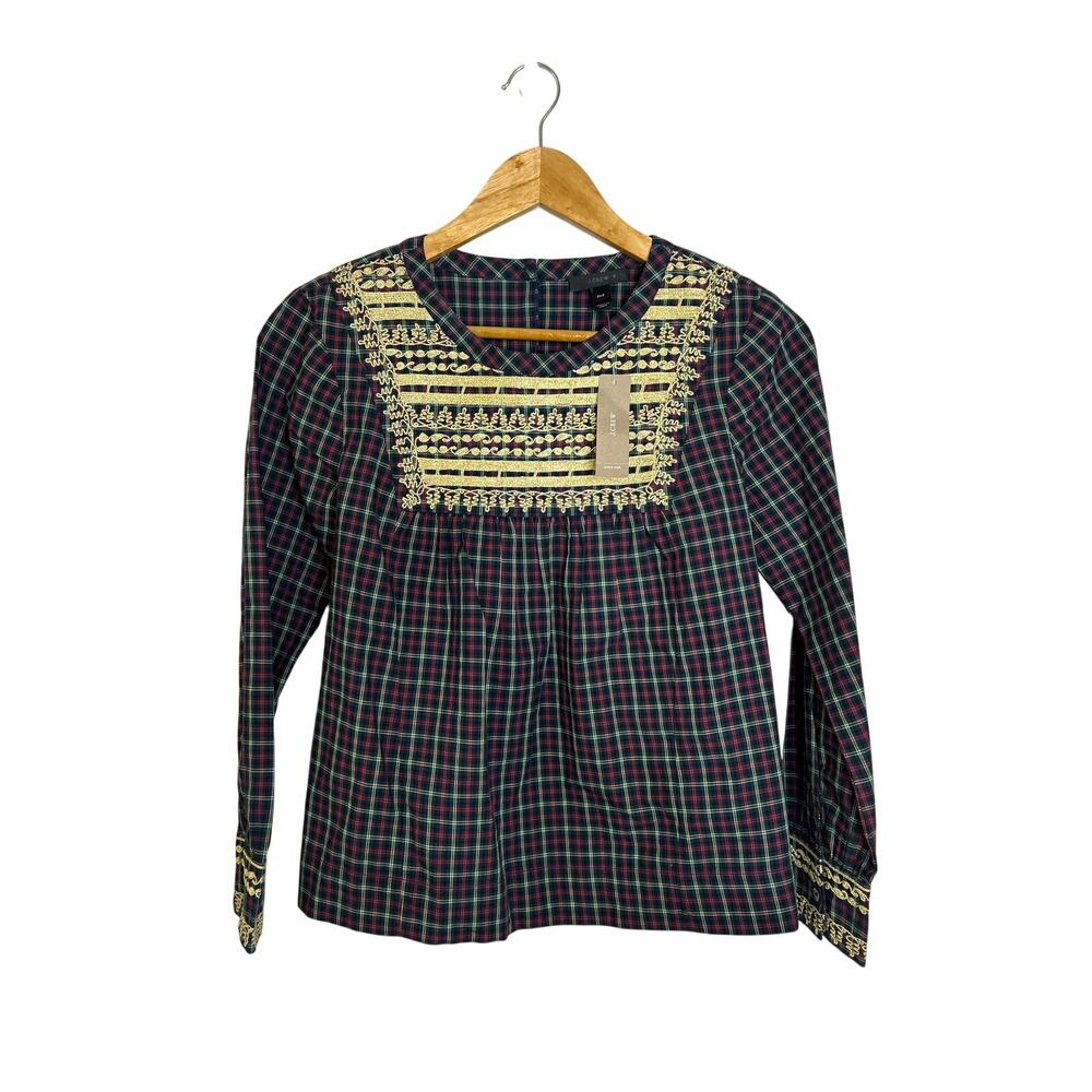 J. Crew Embroidered‎ Holiday Festival Plaid Peasant Top Size PXS NWTs